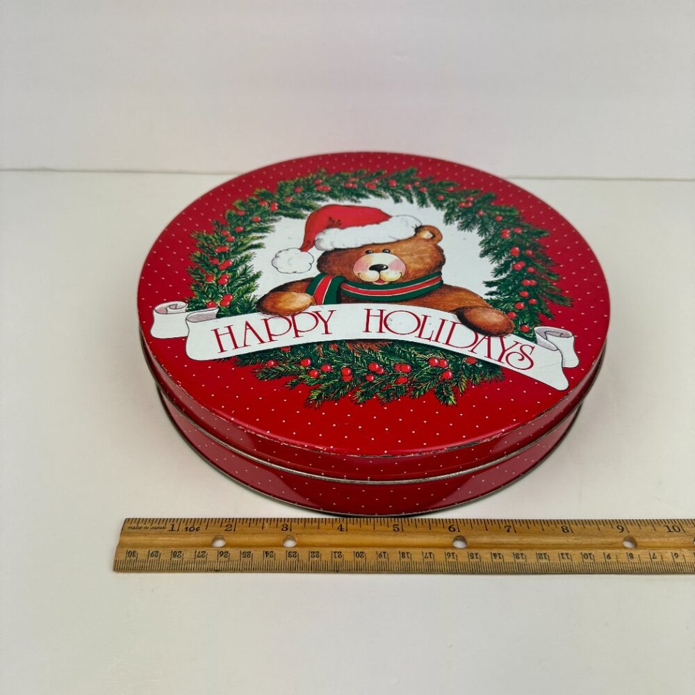 Vtg Round Metal Tin Teddy Bear Happy Holidays Red w‎ Polka Dots 10in Diameter
